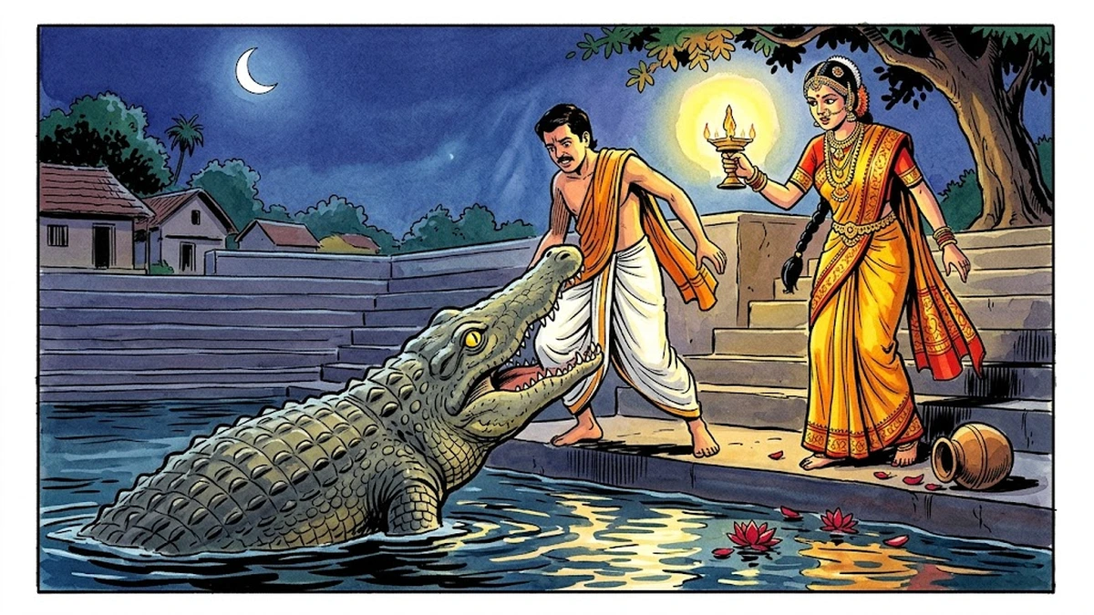 Tamil bride with raised brass oil-lamp confronts marsh crocodile gripping bridegroom's calf at temple-tank steps under crescent moon — ACK Indian comic-book illustration