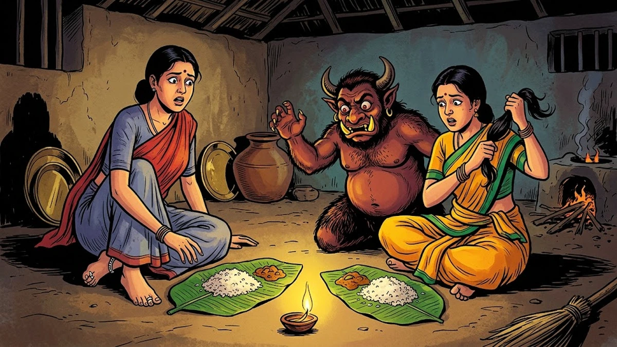 Younger sister grips bhuta devil's hair beside lit clay agal-vilakku oil-lamp in poor Tamil village hut, two banana-leaf plates with rice — ACK Indian comic-book illustration