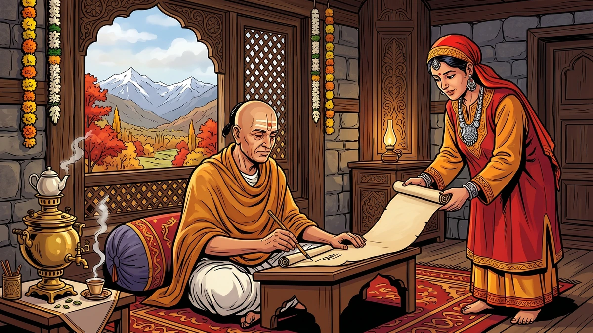 A blind Pandit Brahman writes three counsels on a palm-leaf scroll for his Brahmani wife in a Srinagar Kashmir house — ACK Amar Chitra Katha illustration
