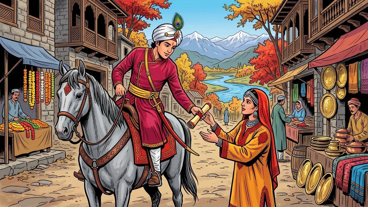 A Kashmiri prince on a grey Yarkandi pony hands a parwana scroll to a Brahmani in a Srinagar bazaar — ACK Amar Chitra Katha illustration