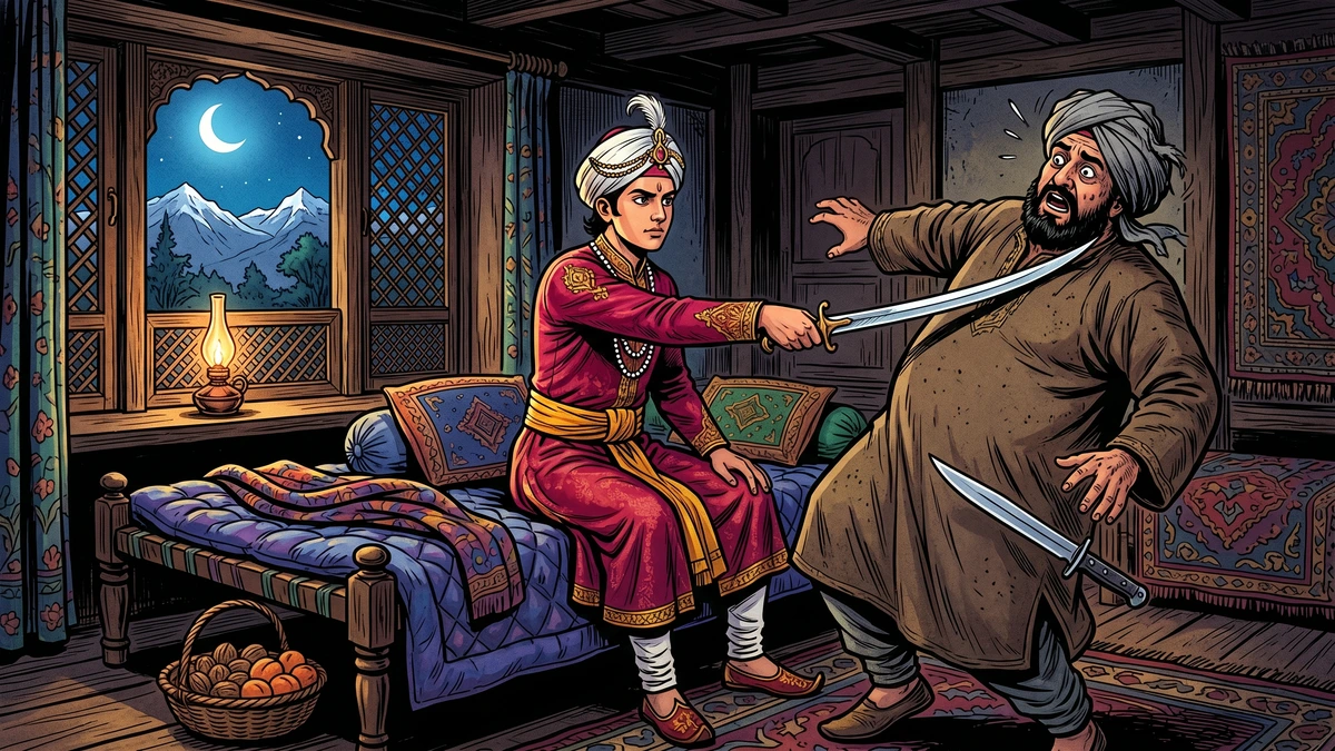 The prince disarms a murderous host who tried to kill him in his sleep, in a deodar-wood Kashmiri guesthouse at night — ACK Amar Chitra Katha illustration