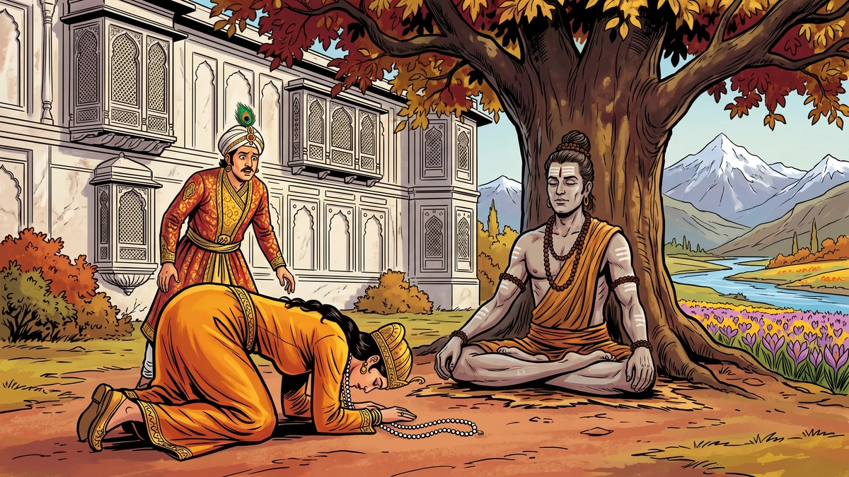 The prince disguised as a jogi cures the queen under a chinar tree as her brother-in-law king watches — ACK Amar Chitra Katha illustration