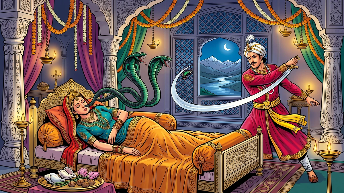The prince slays two cobras emerging from the sleeping princess's nostrils on the wedding night, Kashmiri palace bridal chamber — ACK Amar Chitra Katha illustration