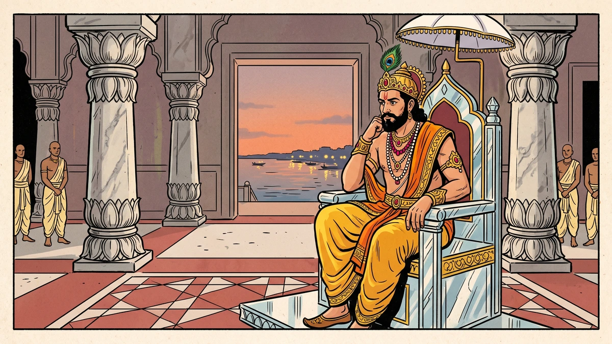 King Brahmadatta of Baranasi seated on his crystal throne in the Sandalwood Pavilion, planning his disguised journey to test his reputation - Rajovada Jataka 151