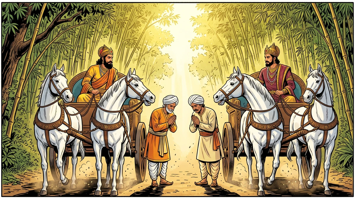 Two ancient Indian royal chariots stop axle-to-axle in a narrow bamboo forest road; the charioteers descend and bow politely to one another - Rajovada Jataka 151