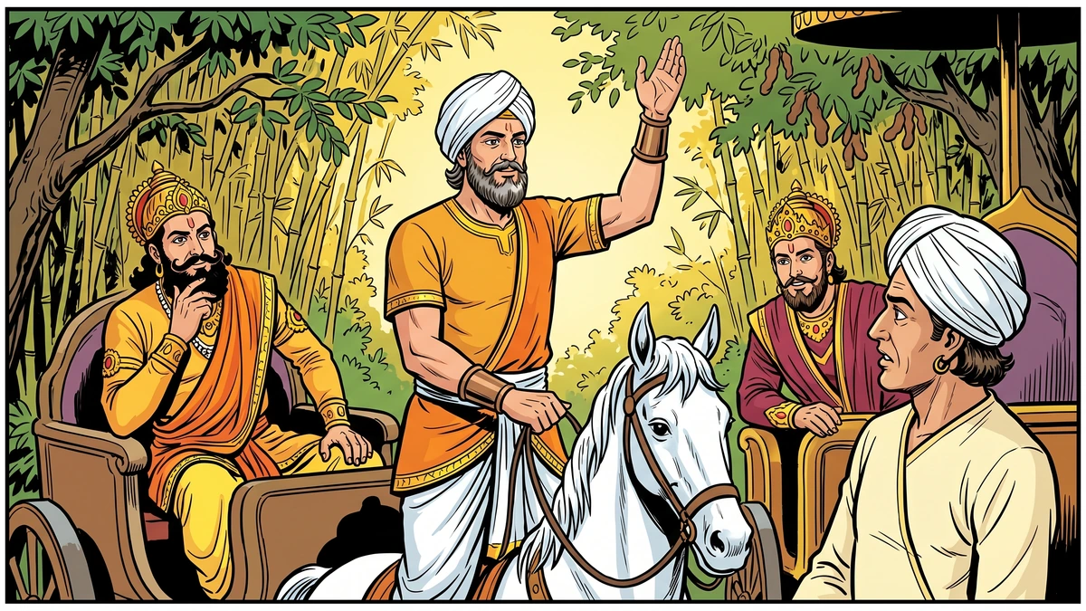 The Bodhisatta-charioteer Matali chants the Pali dhamma verse - akkodhena jine kodham - while the two disguised kings listen from their chariots - Rajovada Jataka 151