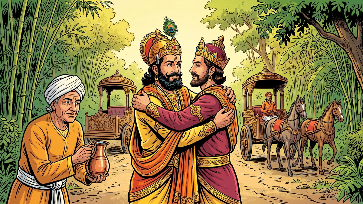 King Brahmadatta and King Mallika embrace in friendship after the dhamma verse settles the question of right of way - Rajovada Jataka 151