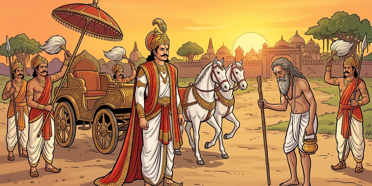 King Prasenajit of Kosala stops his chariot on a dusty road outside Sravasti to confront a weeping Brahman ascetic — Royal Thief-Catcher cover, ACK Amar Chitra Katha illustration