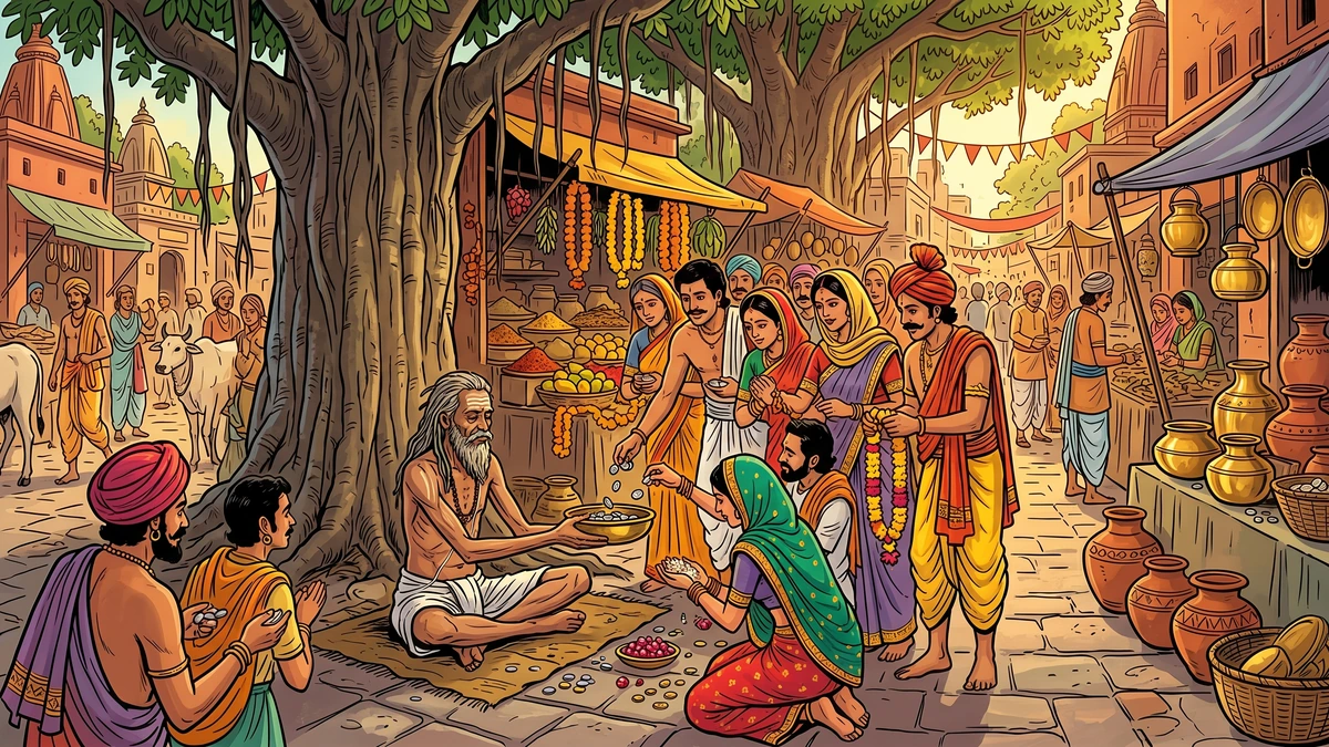 A pious-looking Brahman ascetic seated in the bazaar of Sravasti receiving alms of coins, jewels and rice from generous townspeople — ACK Amar Chitra Katha illustration