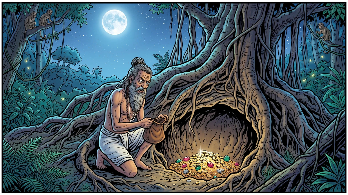 The Brahman discovers his hidden hoard has been stolen and tears at his hair in despair before the empty hole, brass alms-bowl tipped over — ACK Amar Chitra Katha illustration
