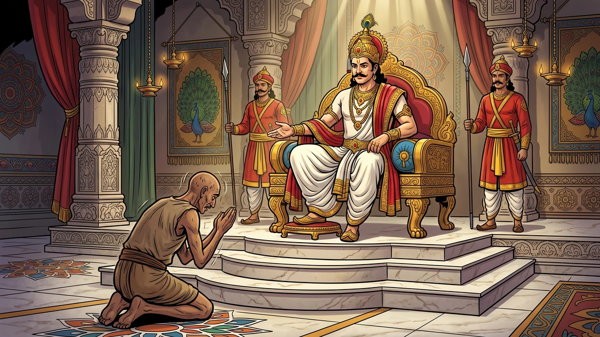 King Prasenajit on his throne in the Sravasti palace interrogates the trembling thieving servant prostrate before him, two guards behind — ACK Amar Chitra Katha illustration