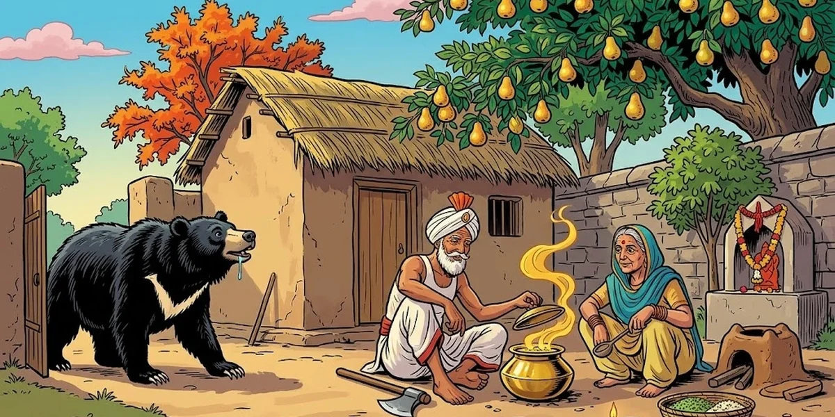 ACK style Punjabi folk illustration of an old woodman in white pagri turban with his wife in saffron shalwar-kameez in front of a mud-walled hut while a Himalayan sloth bear approaches drawn by the smell of khichri