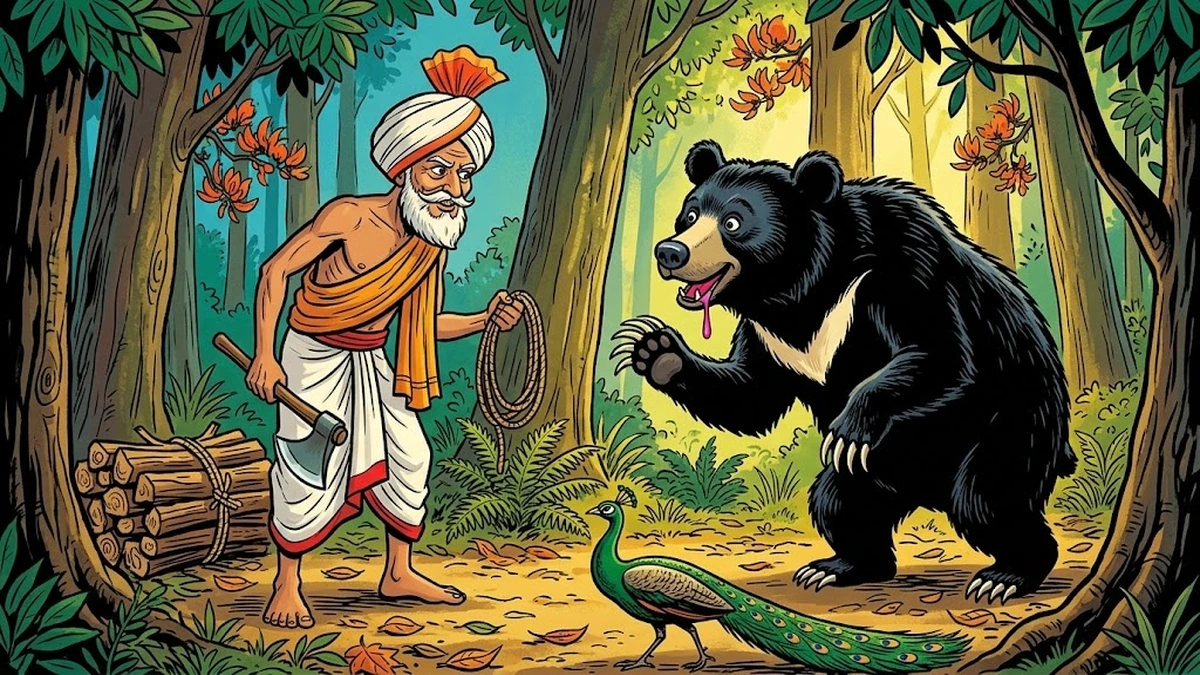 Old Punjabi woodman in white pagri and saffron uttariya negotiating with a shaggy Himalayan sloth bear over a bundle of cut shisham firewood on a sal forest path