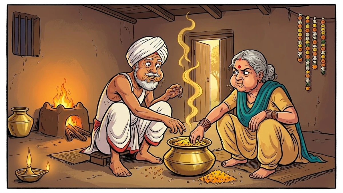 Old Punjabi woodman and his wife squatting on either side of a brass khichri handi greedily eating saffron-yellow rice and moong dal in their mud-walled hut