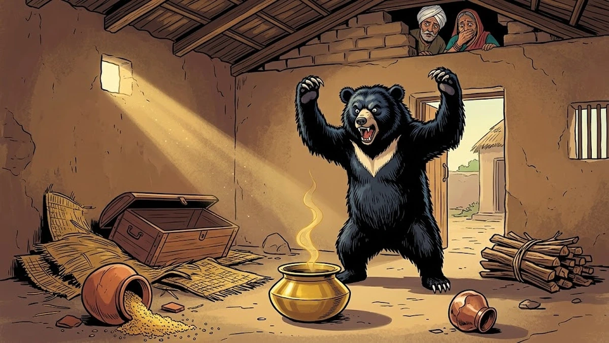 Furious Himalayan sloth bear bellowing over an empty brass khichri pot while the old woodman and his wife hide in the dark mud-plastered garret rafters above