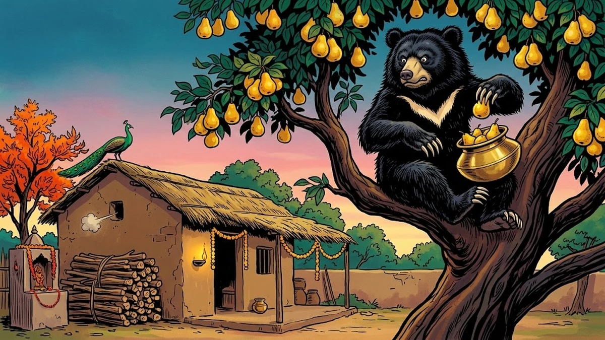 Himalayan sloth bear in a Punjabi pear tree at golden dusk dropping golden ripe pears into the brass khichri pot moments before the wife's sneeze startles him out of the bough