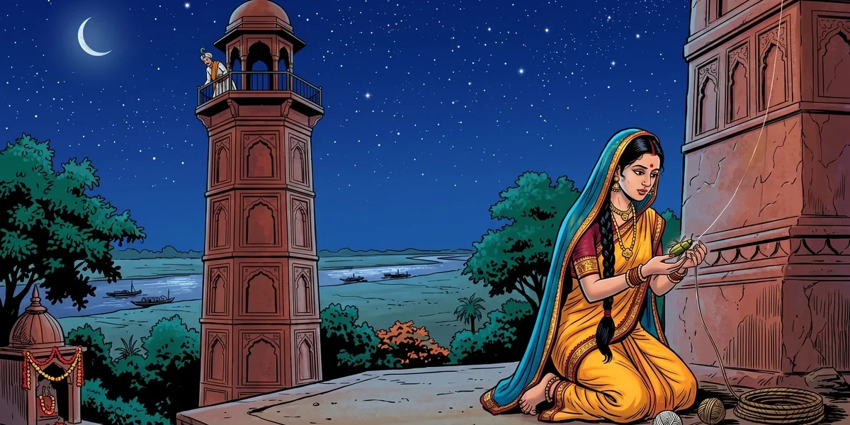 The Beetle and the Silken Thread - cover - ACK style illustration of Allahabad Mughal-Awadh setting, Buddhi-Mati at the foot of a sandstone watch-tower with green-gold beetle and silken thread