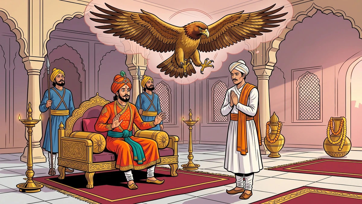 The patient vizier Dhairya-Sila stands on the lofty Akbari watch-tower outside Allahabad under the blazing midday sun — ACK illustration