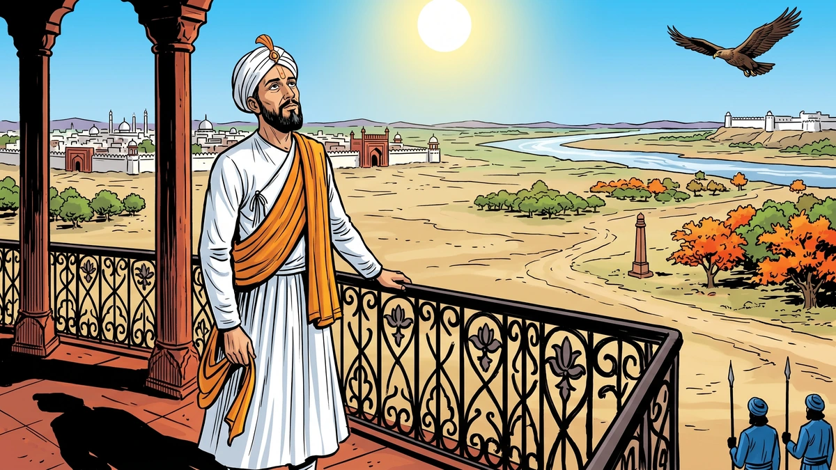 The iridescent green-gold beetle climbs the red-sandstone tower wall at midnight, trailing a hair-thin silken thread, Buddhi-Mati watching from below — ACK illustration