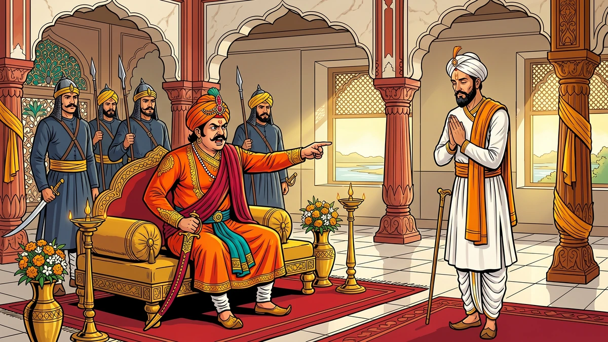 Dhairya-Sila tells Raja Surya Pratap the lie of the eagle-rescue at the Allahabad court, the imagined golden eagle hovering above as a visualized memory — ACK illustration