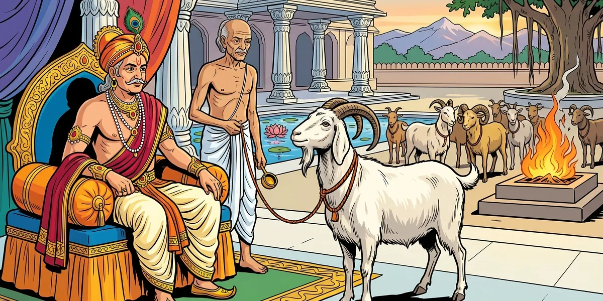 Old Indian king of Varanasi on saffron throne and white billy-goat with curving horns in marble courtyard, Amar Chitra Katha style illustration of the Matakabhatta Jataka
