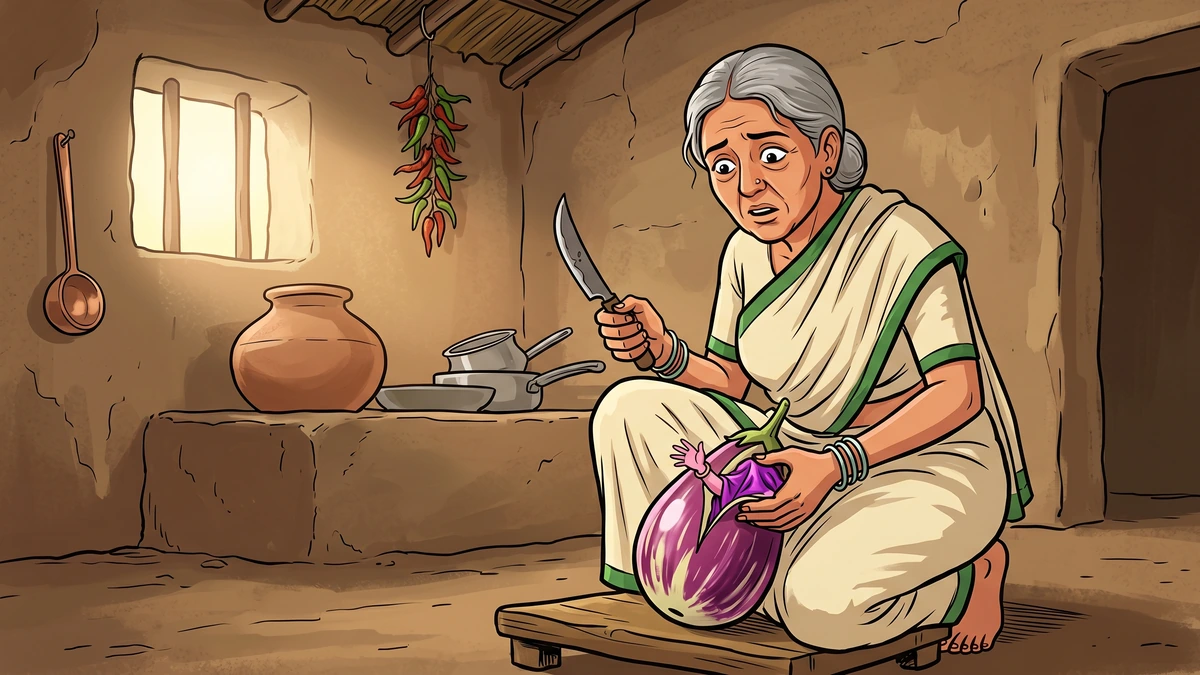 Brahmin's wife cutting the magical aubergine fruit and a tiny voice cries from inside, Punjabi village kitchen