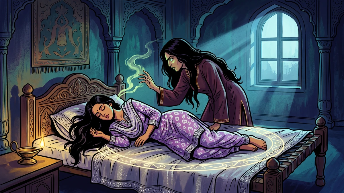 Sorceress-queen casts a sleeping spell on the sleeping Princess Aubergine at midnight