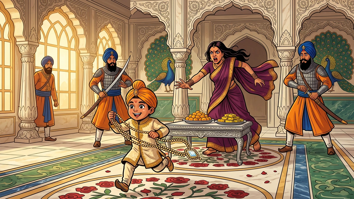 Princess Aubergine's young son flees with the nine-lakh necklace as the queen lunges in shock