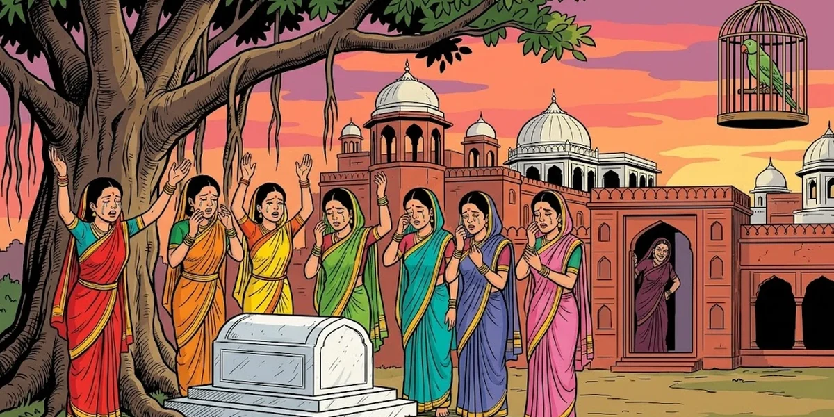 Punchkin Indian folk tale cover - seven Marathi princesses lament at their mother's marble tomb under a banyan tree at sunset; ACK style