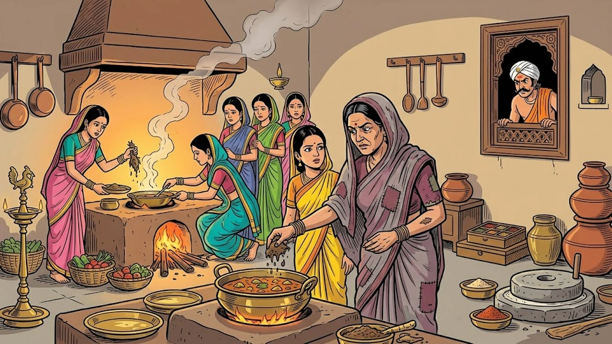 Stepmother drops mud into a brass curry pot in a Marathi palace kitchen as the seven princesses cook