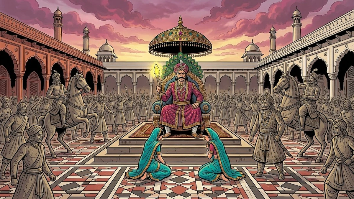 The young prince working as a humble gardener helper beside lotus ponds and orange marigolds in Punchkin's white-marble palace garden, with a green parrot watching