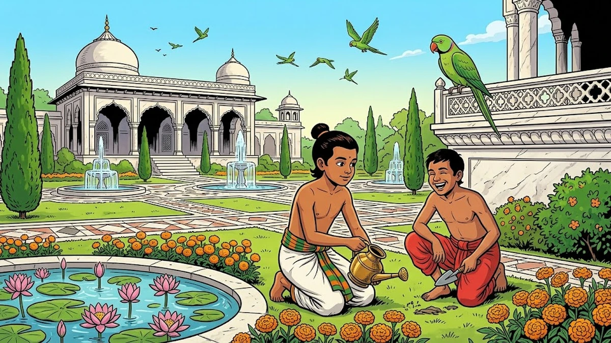 The young prince in a desolate jungle clearing holds the green parrot above his head while six chattees tip over and Punchkin collapses in a magical golden orb