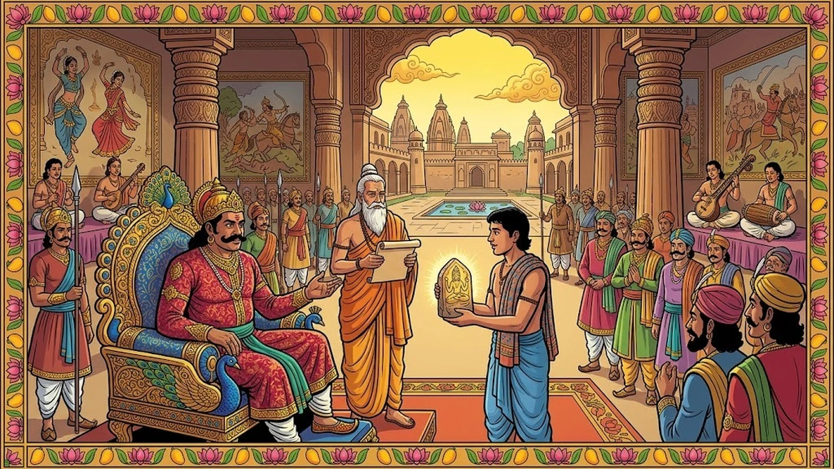 The three Jogis prophesy the birth of Raja Rasalu — Amar Chitra Katha style illustration after the prose of Steel and Temple