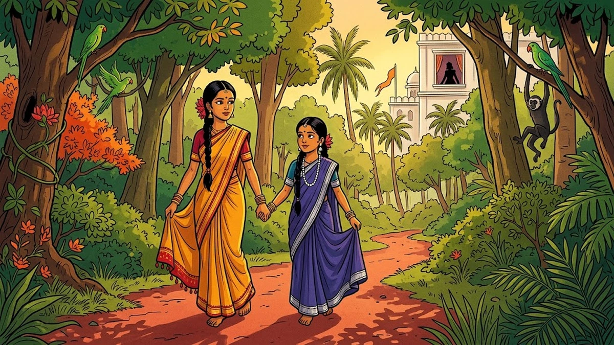 Princess Nala in saffron-yellow saree leads her younger sister Dehra in indigo-blue saree away from their father’s palace into the jungle, fleeing their cruel stepmother — Amar Chitra Katha-style scene from The Wise Jackal