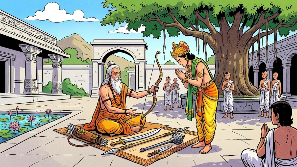 Pancavudha-kumara receives the five weapons from his teacher at Takkasila