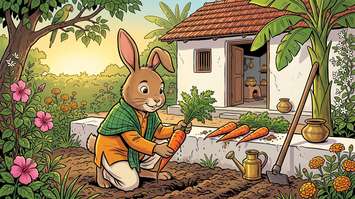 Mr Bunny harvests four orange carrots from his Indian village garden — ACK morning scene