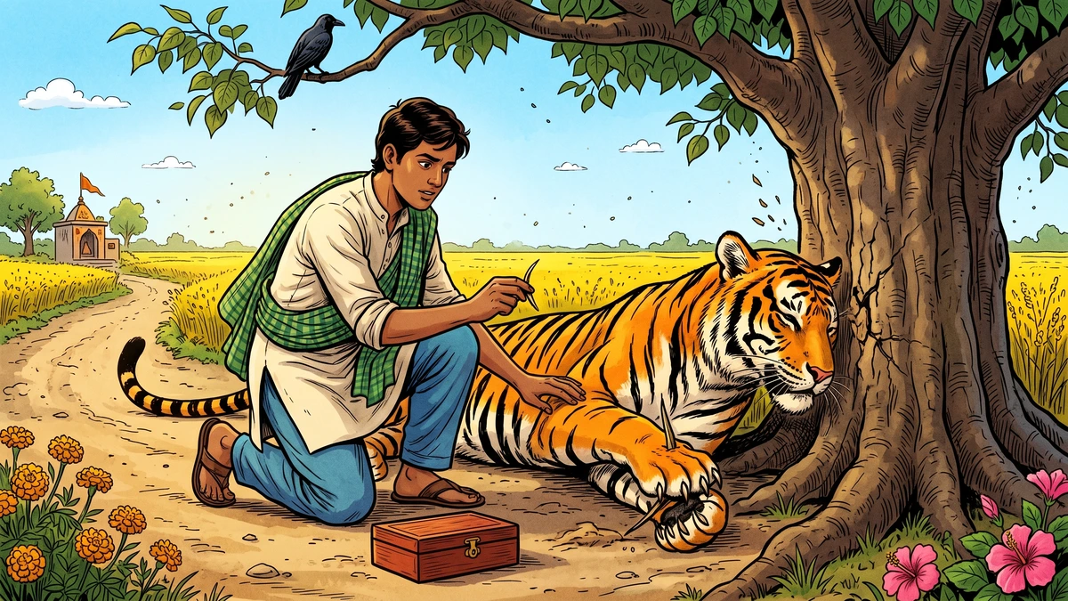 Soldier's son pulls a thorn from the wounded tigress's paw under a peepal tree