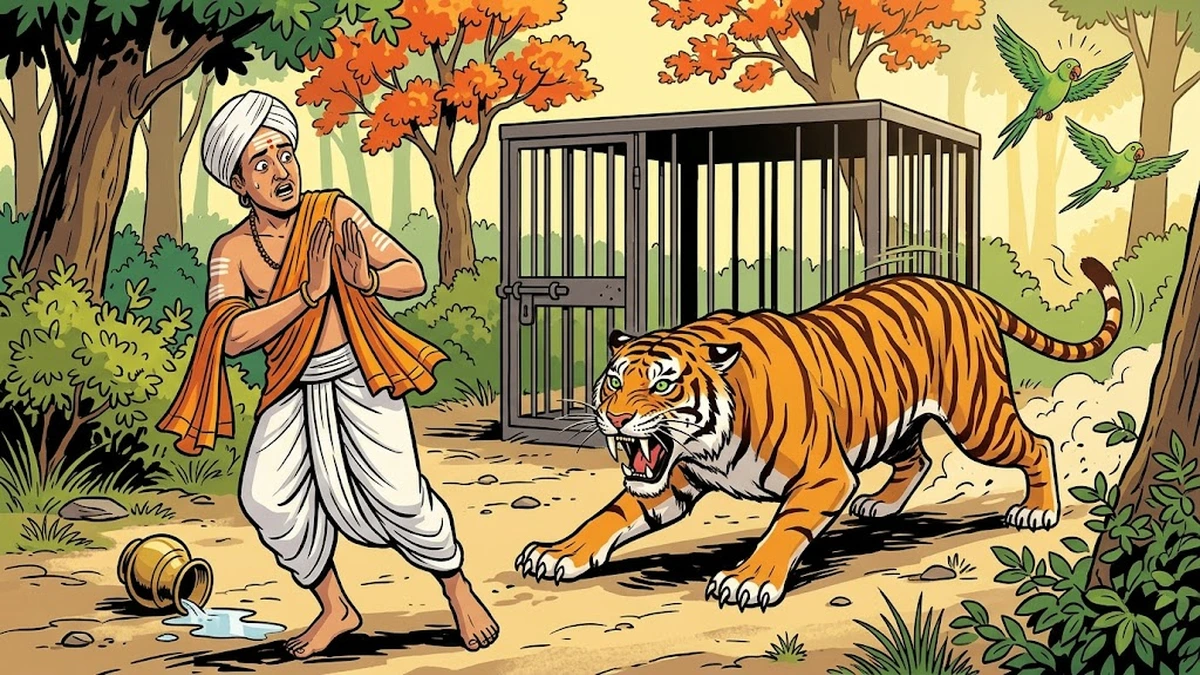 Bengal tiger crouches to spring at horrified Brahman after escaping the cage