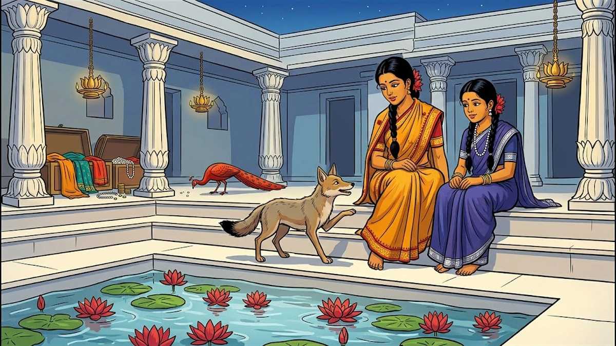 The wise jackal speaks with the two princesses on the white marble steps of the lotus-tank in the Rakshas’s jungle palace courtyard