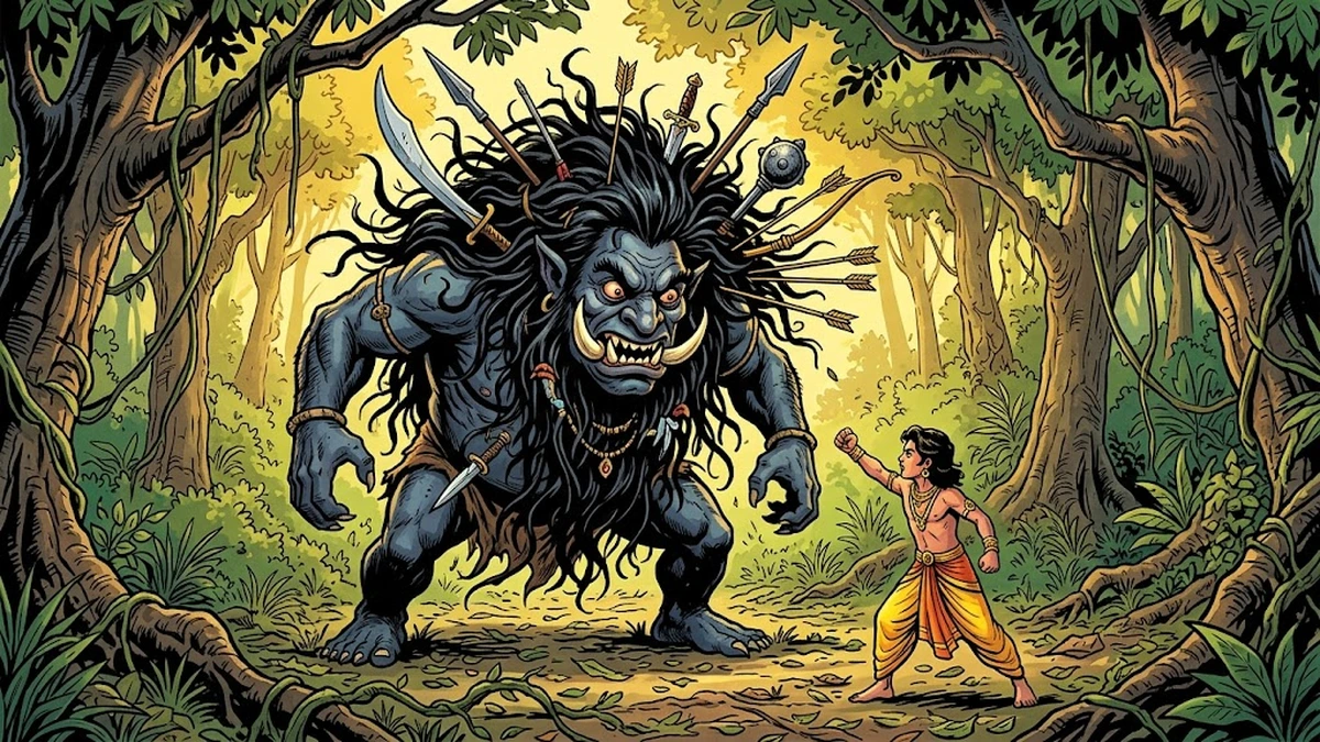 The ogre Silesaloma's matted hair traps the five weapons of the Bodhisatta-prince