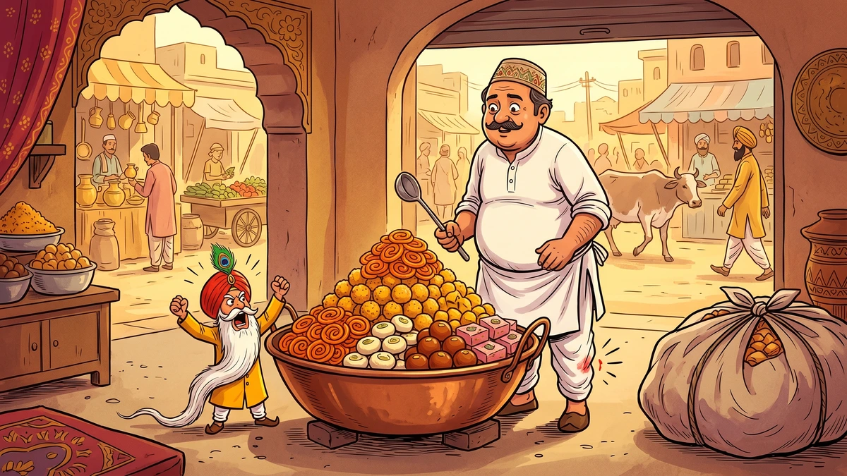 Sir Buzz, the one-span Punjabi mannikin, demands sweets at the village halwai's shop