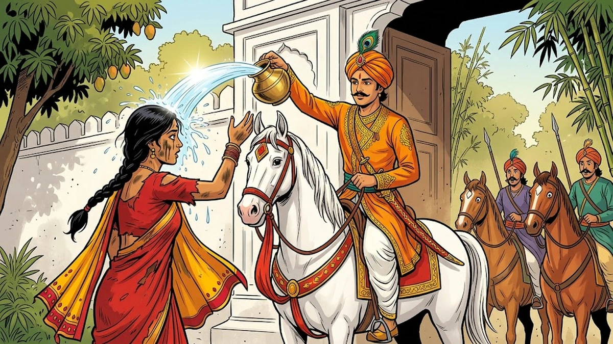 The hunting prince on his white Marwari horse pours a pitcher of water over Nala’s charcoal-disguised face at the gate of the Rakshas’s palace, washing the soot away