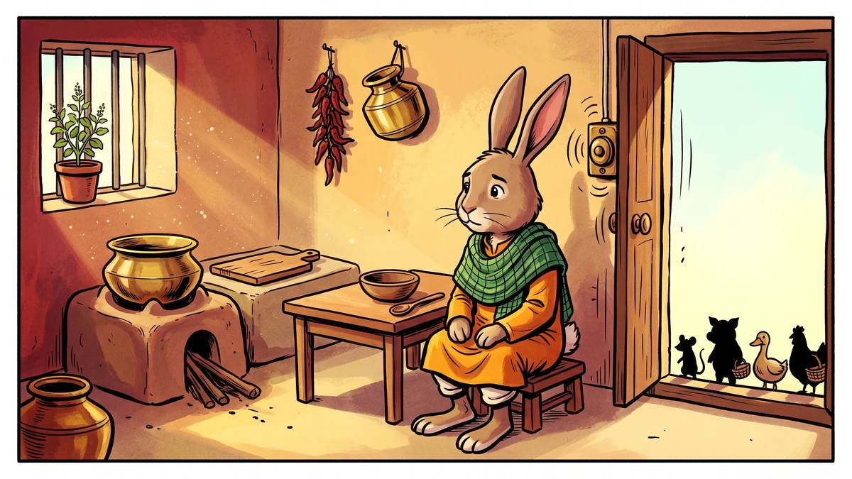 Mr Bunny in his empty kitchen as the doorbell rings — ACK Indian village interior