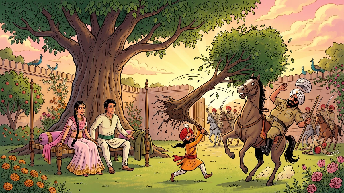 Sir Buzz uproots a mango tree to fight off the King's cavalry; Princess Blossom and the soldier's son look on