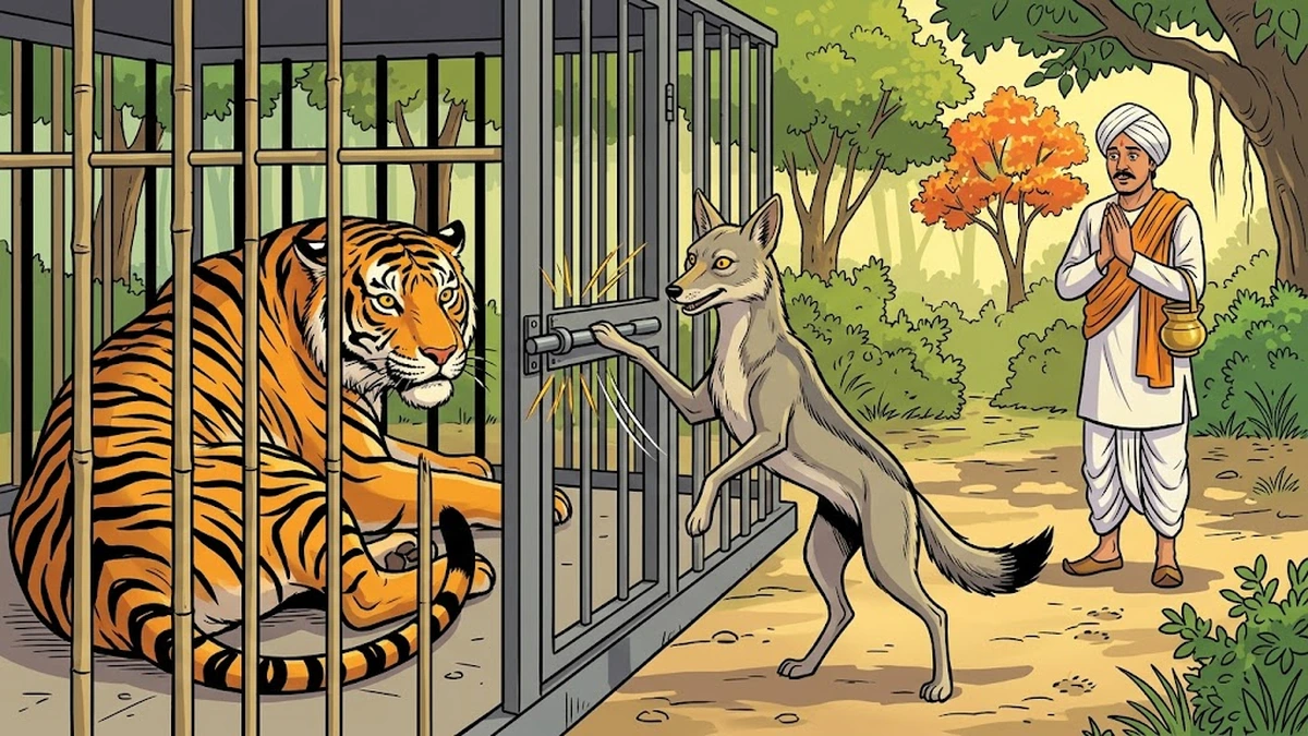 Sayana the clever grey jackal slides the iron bolt closed on the trapped tiger
