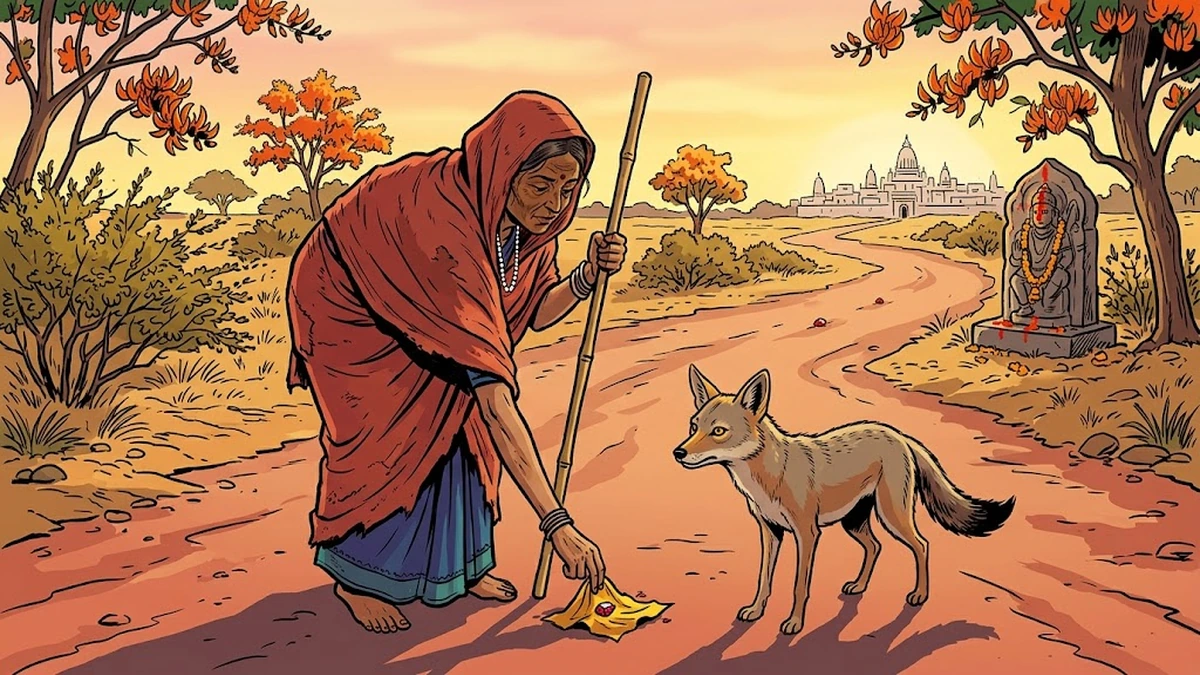 Dehra disguised as an old pilgrim woman bends to pick up a ruby wrapped in yellow silk on a dusty road as the wise jackal points the way forward