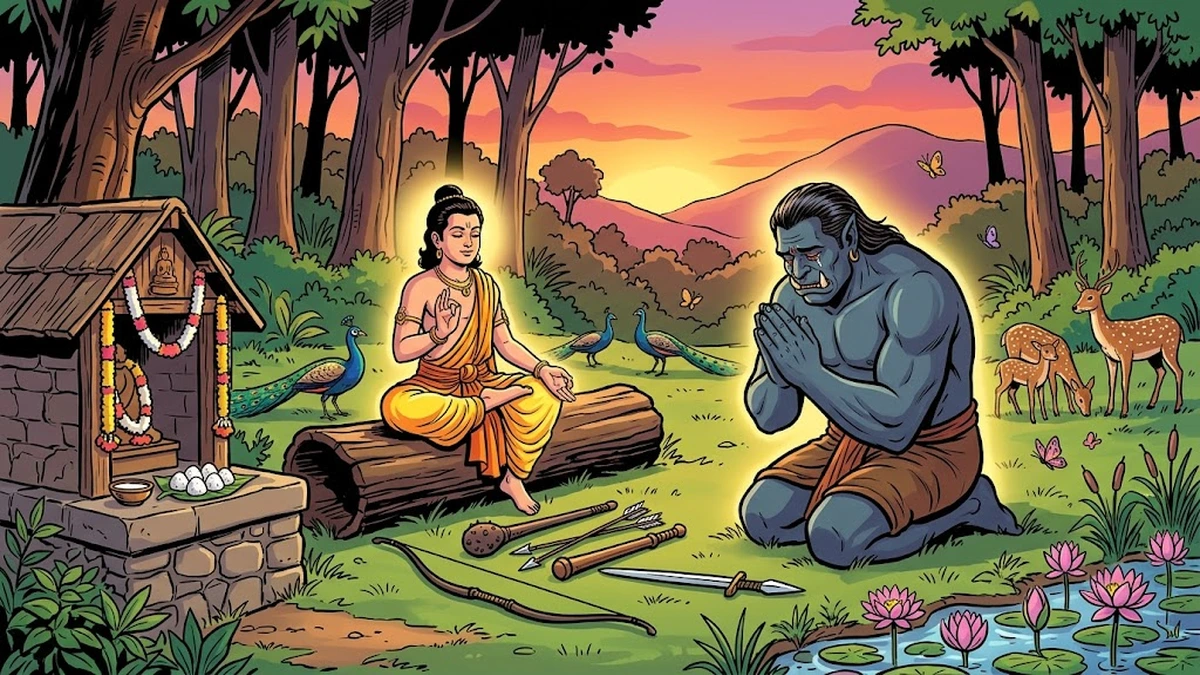 The converted ogre receives the Five Precepts from the Bodhisatta and becomes a forest-spirit guardian