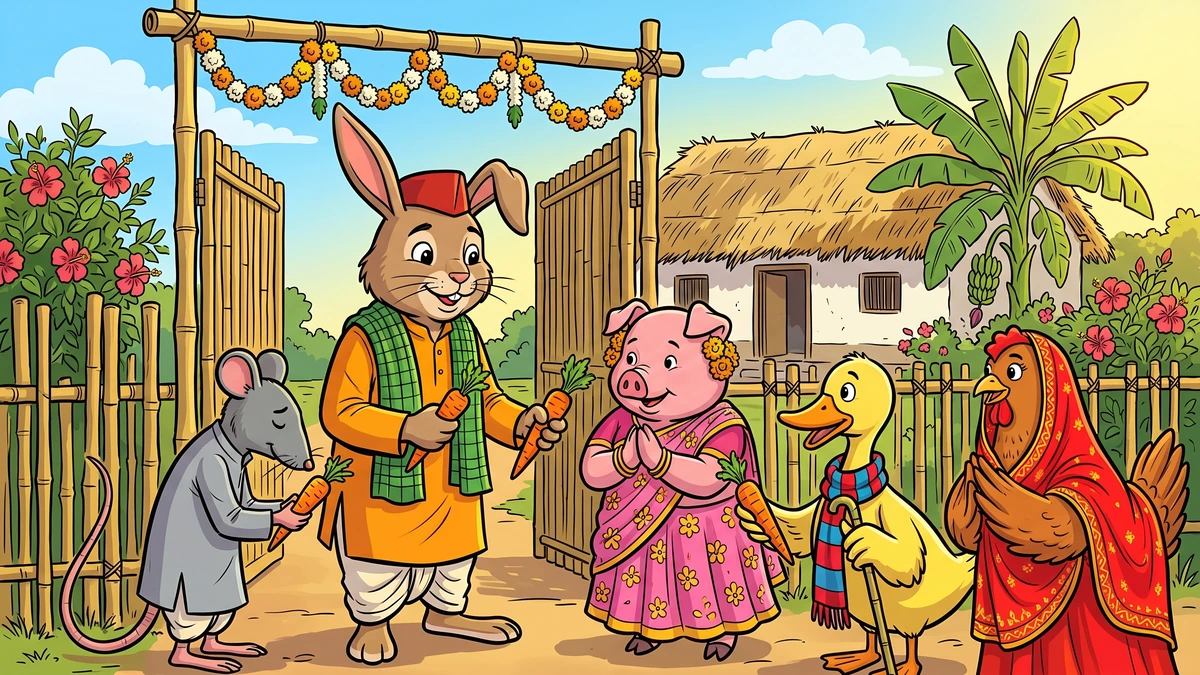 Five animal friends share carrot soup at Mr Bunny's table under the peepal tree — ACK village meal