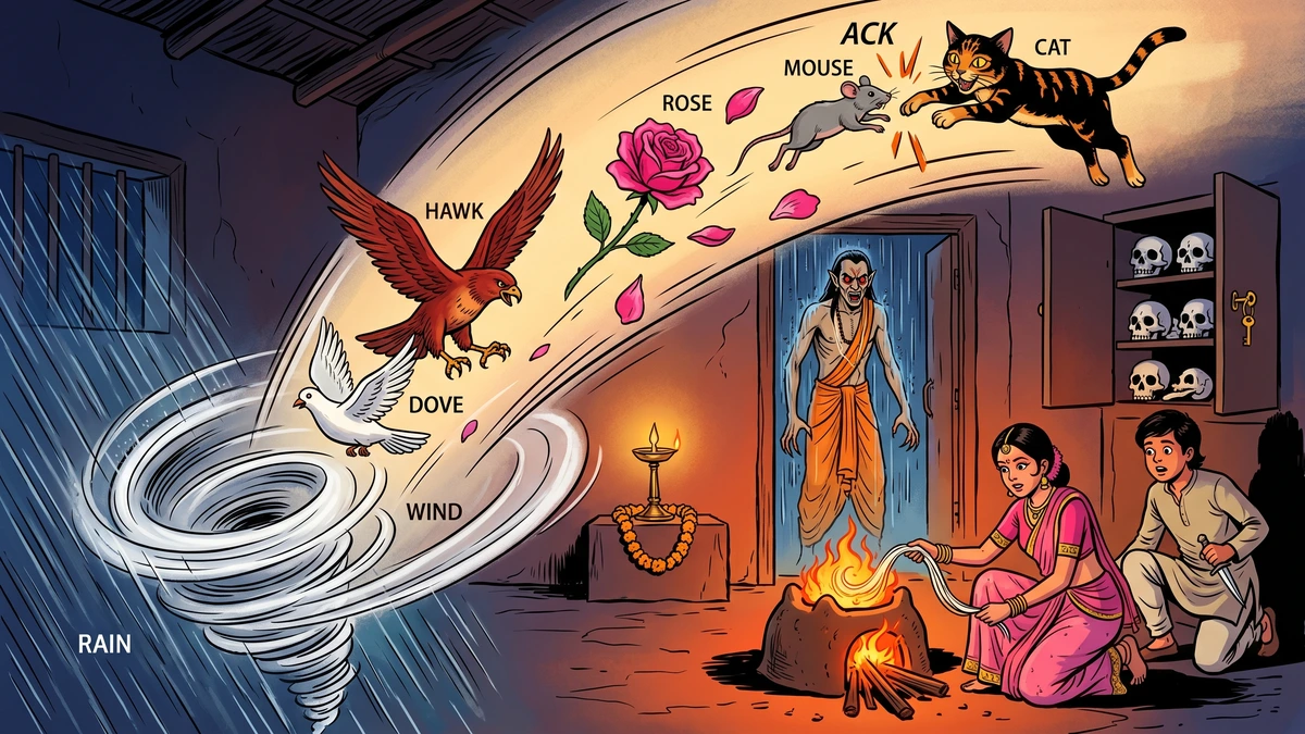 The shape-shifting battle: Sir Buzz as wind, hawk, musician, and cat defeats the vampire-Brāhman