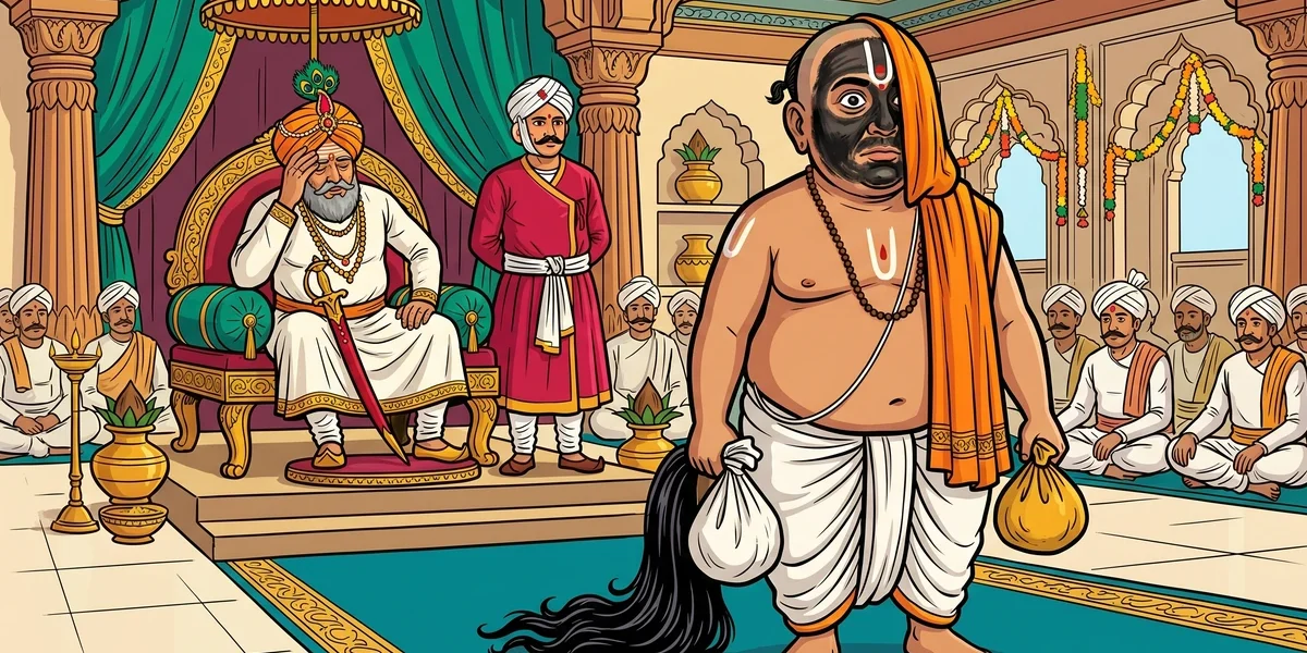 The Brahman priest Gundappa with charcoal-blackened face, gold mohars, and bundle of severed Hindu hair-locks before a dismayed King Chamunda in the Mysore audience hall, Amar Chitra Katha style